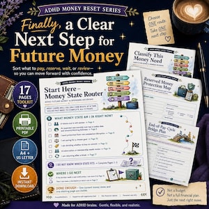 Peut inclure: Un kit d'outils de 17 pages de la série ADHD Money Reset comprenant des feuilles de travail PDF imprimables pour la prise de décision financière. Les documents incluent un Money State Router, une carte de protection de l'argent et un plan de pont de fin de cycle de paie avec des illustrations de panneaux, de ponts et de coffres-forts, conçus pour un usage personnel.