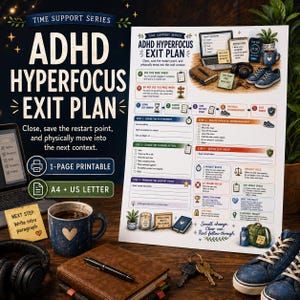 May include: A printable ADHD Hyperfocus Exit Plan document featuring a structured five-step guide, checkboxes, and illustrated icons. The page includes sections for defining exit moments, closure actions, and physical disengagement strategies.
