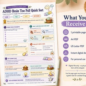 Op de afbeelding: Een printbaar ADHD Brain Too Full Quick Sort werkblad met een gestructureerde lay-out, kleurrijke iconen, tekstvakken en instructies voor het ordenen van gedachten. Daarnaast staat een lijst What You Receive met de A4 en US Letter PDF formaten.