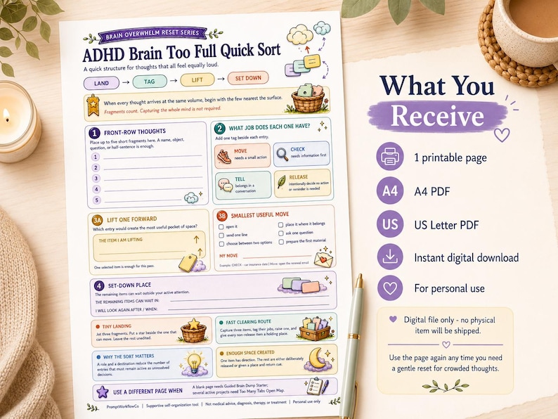 Op de afbeelding: Een printbaar ADHD Brain Too Full Quick Sort werkblad met een gestructureerde lay-out, kleurrijke iconen, tekstvakken en instructies voor het ordenen van gedachten. Daarnaast staat een lijst What You Receive met de A4 en US Letter PDF formaten.