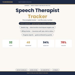 May include: A digital Speech Therapist Tracker template featuring the text Flowgridhub, Business - Speech Therapy and Private Practice, and The complete tracker - one file, every number. Includes sections for client caseload, session logs, billing, and progress reports.