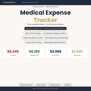 Peut inclure: Un modèle numérique de suivi des dépenses médicales par Flowgridhub comprenant des sections pour les journaux médicaux, le suivi HSA et FSA, les réclamations d'assurance et les résumés fiscaux. L'interface affiche des données financières, notamment le total des factures, les paiements d'assurance, les frais à charge et le solde HSA.