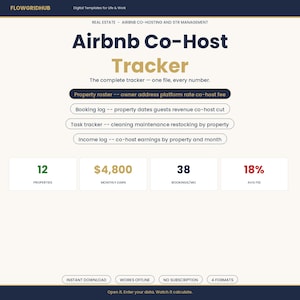 May include: A digital Airbnb Co-Host Tracker template featuring sections for property roster, booking log, task tracker, and income log. It displays metrics including 12 properties, $4,800 monthly earnings, 38 bookings per month, and an 18% average fee.