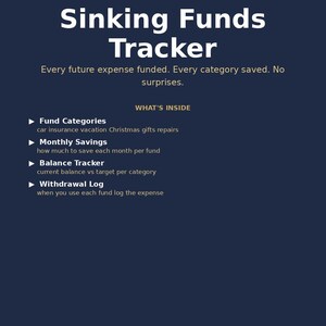 May include: A dark blue digital document titled Sinking Funds Tracker by FLOWGRIDHUB. It lists features including Fund Categories, Monthly Savings, Balance Tracker, and Withdrawal Log, with text explaining that every future expense is funded.