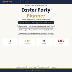 May include: A digital Easter Party Planner template by Flowgridhub. The layout features sections for an egg hunt, basket tracker, party budget, and shopping list. It displays data fields for 8 kids, 240 eggs hidden, 8 baskets, and a $280 budget.