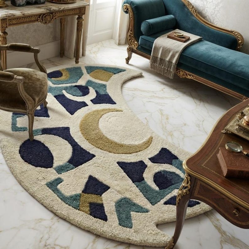 Hand Tufted Crescent Moon Rug, New Zealand Wool Celestial Carpet ...
