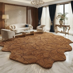 Luxury Hand Tufted New Zealand Wool Rug, Brown Botanical Area Rug, Irregular Leaf Pattern Rug, Handmade Organic Shape Carpet