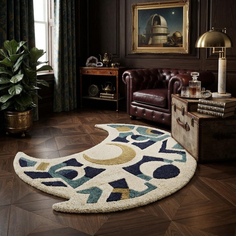 Hand Tufted Crescent Moon Rug, New Zealand Wool Celestial Carpet ...