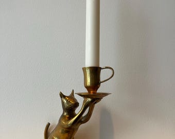 Vintage Brass Cat Candle Holder | Mid Century Modern Hollywood Regency Decor