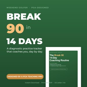 Op de afbeelding: Een digitaal diagnostisch oefentracker-document getiteld The Break 90 14-Day Coaching Routine. De groene achtergrond bevat witte en beige tekst met de tekst Break 90 in 14 Days, A diagnostic practice tracker that coaches you, day by day.
