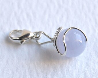 Blue Lace Agate Solid Sterling Silver clip on lobster charm Throat Chakra, Calming, sense of security
