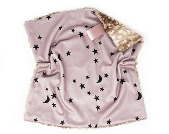 Lovey: Mauve Stars and Moons. Lovey. Star Lovey. Moon Lovey. Lovie. Baby Lovey. Lovie. Minky Lovey. Lovey for Babies. Baby Gift.