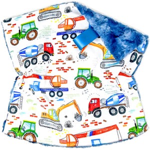 Lovey: Construction Site. Lovie. Trucks. Boy. Dump Trucks. Minky. Soft. Cuddly. Blue. Red. Colorful. Baby Gift. Excavator. Tractor. Crane.