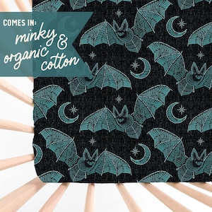 Crib Sheet: Bat Stitch Crazy. Teal and Black. Horror Baby. Alt Baby. Stars. Moon. October Baby. Goth Baby. Cute Creepy. Gothic. Halloween.