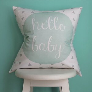 pillow cover: hello baby mint gray