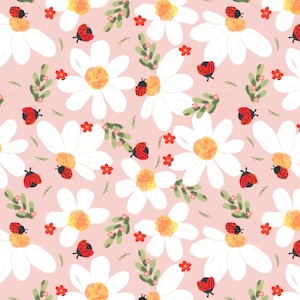 May include: A repeating pattern of white daisies with yellow centers, red ladybugs, small red flowers, and green leaves on a light pink background. The design is a seamless floral pattern.