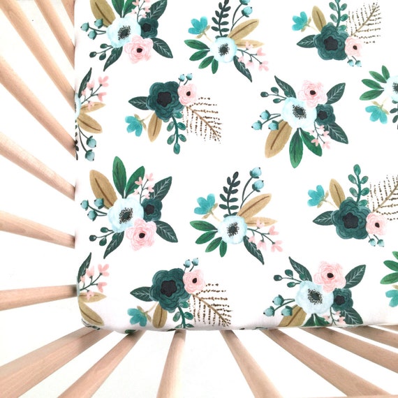 Crib Sheet Teal Bouquets. Fitted Crib Sheet. Baby Bedding. Etsy