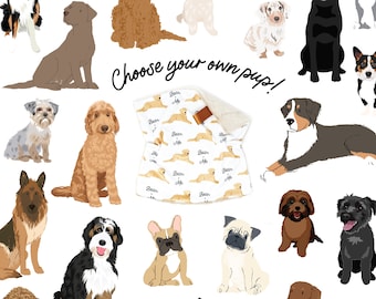 Lovey, Baby Blanket, or Adult Blanket: Choose Your Own Pup! Lovey. Personalized Dog Blanket. Doodle. Bernese Mountain Dog. Frenchie. Pug.