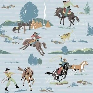 May include: A repeating pattern featuring cowboys on horseback, roping cattle, and scenes of a campsite with teepees. The illustration is in shades of blue, brown, and yellow, evoking a vintage, Western theme.