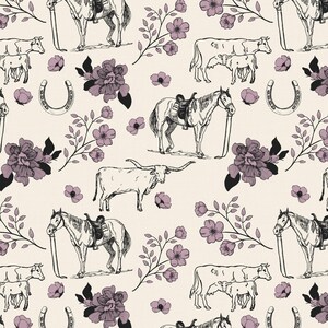 Lovey, Baby Blanket, or Adult Blanket: Elderberry Floral Horse and Cowboy Toile de Jouy. Western. Cowgirl. Horses. Cattle. Steer. Cows.