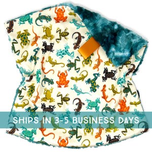 Lovey: Amphibians on Cream. Frogs. Salamanders. Minky. Lovey for Babies. Baby Gift. Teal. Orange. Newts. Toads. Woodland. Baby Sleep. PYO.
