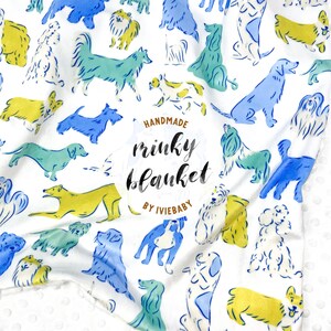 Baby Blanket: Dogs in Blue and Green. Puppy. Yellow. Aqua. Boy. Corgi. Golden Retriever. Gift. Lots of Dogs. Dog Breeds. Bulldog. Doodle.