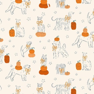 May include: A cream-colored pattern featuring various dog breeds with orange pumpkins and bows. The dogs are sketched in black and white, with pumpkins in shades of orange. Scattered stars add to the festive autumn theme.