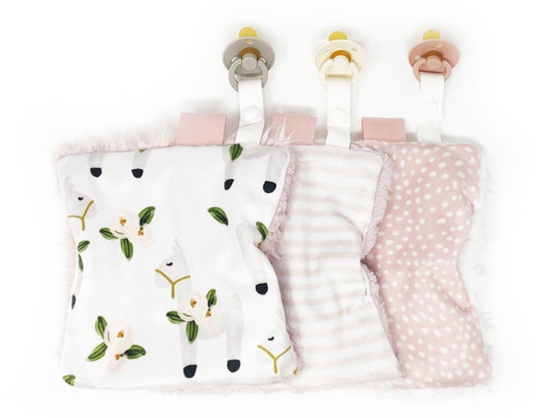 Pacifier Holder Paci Keeper: Floral Llamas Pacifier Lovey Pacifier Clip. Pacifier Keeper Blush Scalloping Dots Blush Stripes