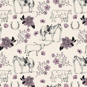 Lovey, Baby Blanket, or Adult Blanket: Elderberry Floral Horse and Cowboy Toile de Jouy. Western. Cowgirl. Horses. Cattle. Steer. Cows.