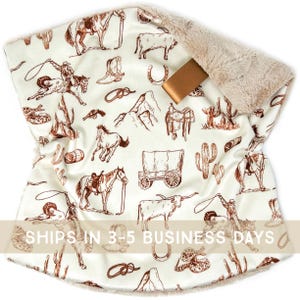 Lovey: Brown on Buff Cowboy Toile de Jouy. Rodeo Lovey. Western Lovey. Cowboy Lovey. Rodeo. Snake. Boy. Minky. Lovie. Cream. Baby Gift. PYO.