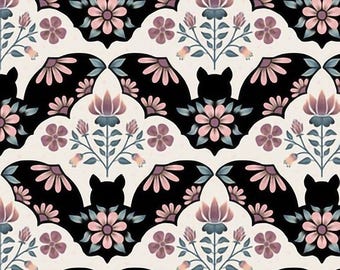 May include: A repeating pattern featuring black bat silhouettes, pink flowers, and stylized floral elements on an off-white background. The design has a symmetrical arrangement with a vintage aesthetic.