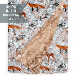 36&quot;x54&quot; Baby Blanket: Gray Fawn Forest. Fox. Deer. Owls. Fauna. Woodland. Raccoons. Brown. Earth Tones. Boy. Baby Gift. Minky. PYO.