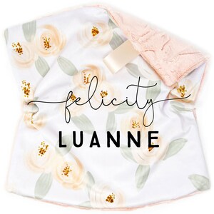 Lovey: Oh Darling + True North Font on Rosettes. Personalized. Floral. Name. Minky. Lovie. Baby Gift. Baby Sleep. Peach. Pink.