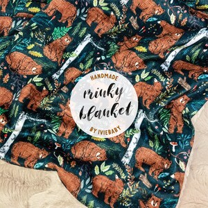 Baby Blanket: Brown Bear Forest. Woodland. Trees. Navy. Green. Birch. Pine. Fern. Nature. Boy. Minky. Soft. Baby Gift.