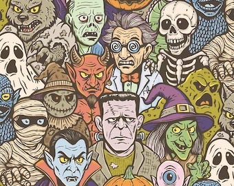 May include: A colorful illustration featuring a variety of classic Halloween monsters. The image includes a werewolf, zombie, devil, Frankenstein's monster, vampire, witch, mummy, and a jack-o'-lantern. The artwork has a vintage comic book style.