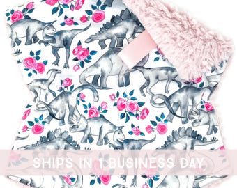 Lovey: Rosette Dinosaurs. Pink. Bright. Magenta. Teal. Girl. Lovie. Minky. Soft. Cuddly. Baby Gift. Triceratops. T-Rex. Floral. Quick Ship.