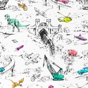 Lovey, Baby Blanket, or Adult Blanket: Adventure Toile. T-Rex. Dinosaurs. Trains. Helicopters. Sharks. Rockets. Boy. Neutral. Colorful.