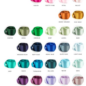 a collection of ribbon colors, each with a unique name, arranged in a grid format. The ribbons are organized in rows and columns, showcasing a variety of colors and shades.