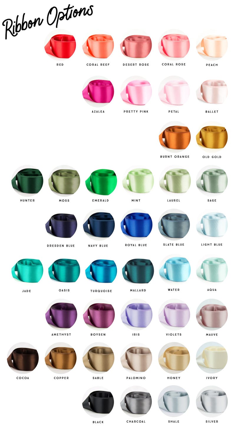 a collection of ribbon colors, each with a unique name, arranged in a grid format. The ribbons are organized in rows and columns, showcasing a variety of colors and shades.