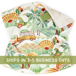 Lovey: California Dreams. Waves. Ocean. Lovie. Minky. Surfing. Beach. Green. Gold. Suns. Palm Trees. Surf Boards. Lovey for Babies. PYO.