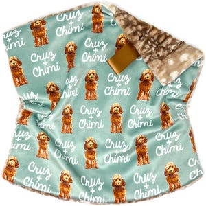 May include: A baby blanket with a teal background featuring repeating images of a brown dog and the text "Cruz + Chimi" in white. The blanket has a brown and white patterned trim and a gold satin ribbon.