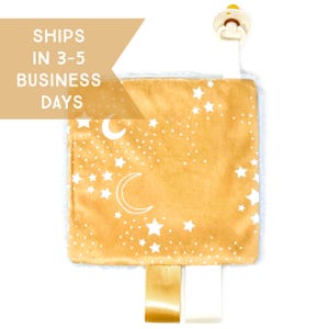 Paci Keeper, Crinkle, or Mini Lovey: Golden Moon Star Dust. Pacifier Holder. Paci. Binky. Lovie. Crinkle. Baby Toy. Baby Gift. PYO.