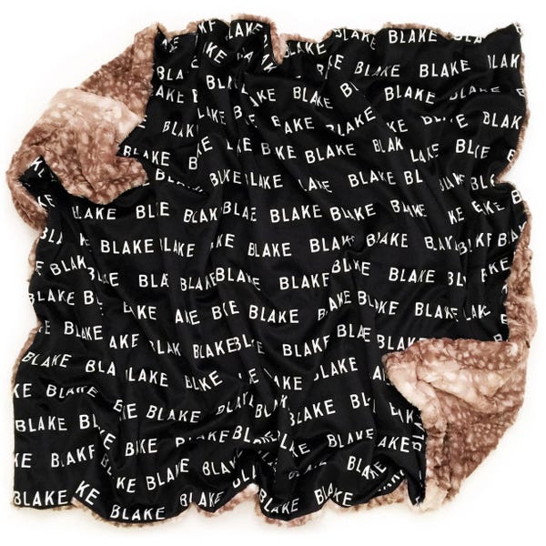 Baby Blanket: True North Font on Black. Minky. Name. Personalized. Black. Fawn. Baby Sleep. Comfort Object. Neutral. Fawn. Baby Gift.