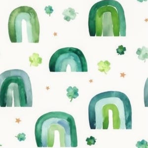 May include: Watercolor pattern featuring green and blue rainbows, four-leaf clovers, and small orange stars on a white background. The design has a whimsical, hand-painted aesthetic, suitable for fabric or wallpaper.