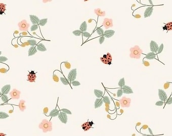 May include: A repeating pattern of light pink flowers, green leaves, yellow berries, and red ladybugs on a cream background. The floral design is delicate and whimsical, creating a charming and nature-inspired aesthetic.