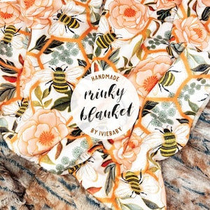 Baby Blanket: Teamwork of Bees. Nature. Botanical. Bohemian. Girl. Minky. Soft. Pink. Peach. Sage. Gold. Flowers. Floral. Garden. Baby Gift.