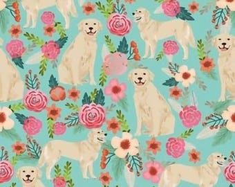 Lovey: Floral Golden Retrievers. Minky. Lovie. Soft. Cuddly. Dog Nursery. Dog Baby Gift. Roses. Girl. Aqua. Pink. Flowers.