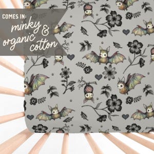 Crib Sheet: Cute Little Gray Bats. Black Floral. Flowers. Baby Girl Nursery. Little Girls Room. Goth Baby. Cute Creepy. Gothic. Halloween.