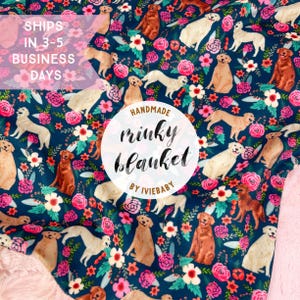 36&quot;x36&quot; Baby Blanket: Navy Floral Golden Retrievers. Goldens. Dogs. Puppies. Pink. Teal. Flowers. Girl. Dog Nursery. Baby Gift. PYO.