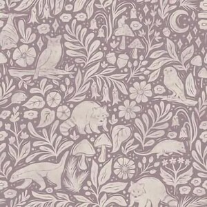 Lovey, Baby Blanket, or Adult Blanket: Nocturnal Forest Animals. Woodland. Purple. Mauve. Raccoons. Mice. Badgers. Bats. Owls. Baby Gift.
